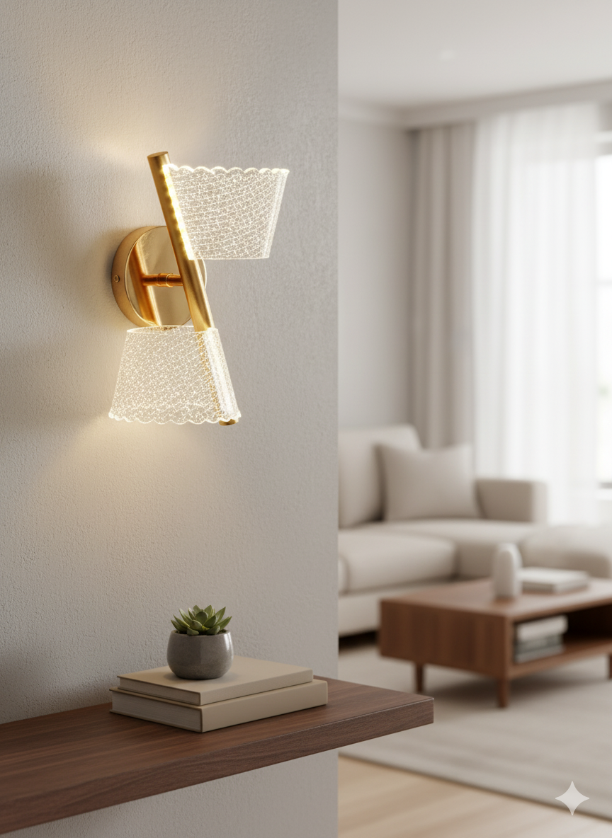 Powerlam Modern Wall Sconce with Lace Pattern Glass Shade, Gold Brass Finish, Double Light Fixture, Contemporary Indoor Lighting for Bedroom Living Room