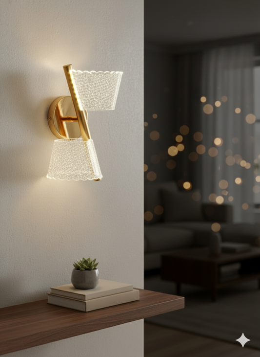 Powerlam Modern Wall Sconce with Lace Pattern Glass Shade, Gold Brass Finish, Double Light Fixture, Contemporary Indoor Lighting for Bedroom Living Room