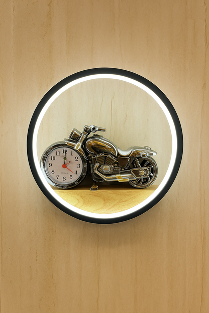 POWERLAM Motorcycle Wall Clock with LED Backlight � 3 Light Modes (Warm, White, Natural White) | Vintage Bike Design