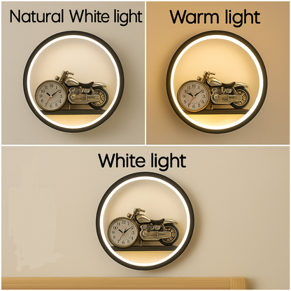 POWERLAM Motorcycle Wall Clock with LED Backlight � 3 Light Modes (Warm, White, Natural White) | Vintage Bike Design