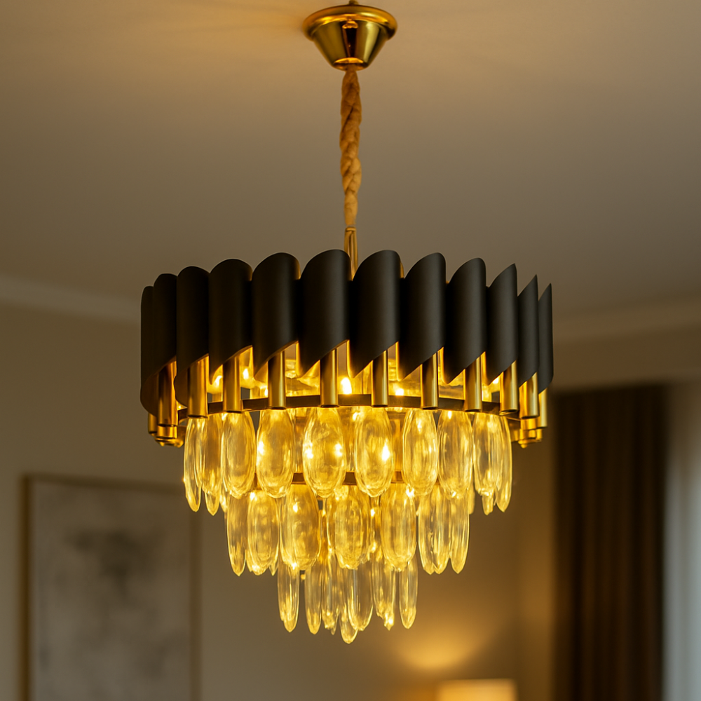 Luxurious chandelier hanging in a living room with soft lighting