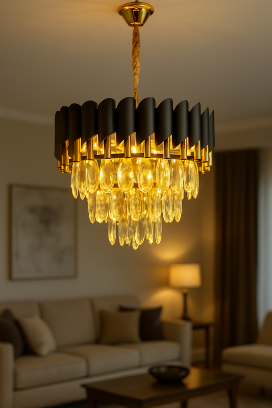 POWERLAM Luxury Black & Gold Crystal Chandelier | Designer Hanging Ceiling Light for Living Room, Dining, Lobby | Elegant LED Pendant Lamp