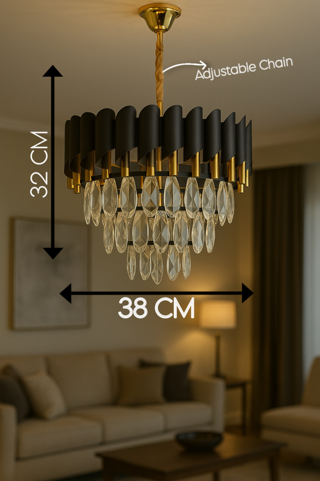 POWERLAM Luxury Black & Gold Crystal Chandelier | Designer Hanging Ceiling Light for Living Room, Dining, Lobby | Elegant LED Pendant Lamp