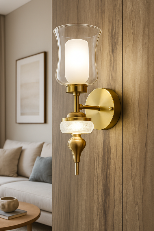 POWERLAM Modern Wall Sconce with Glass Shade, 3-Light Mode Brass Wall Light, Natural White/Warm White Lighting